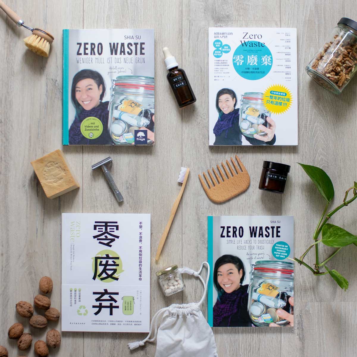 Das Buch "Zero Waste" von Shia Su auf Deutsch, Englisch, Chinesisch (Langzeichen) und Chinesisch (Kurzzeichen)